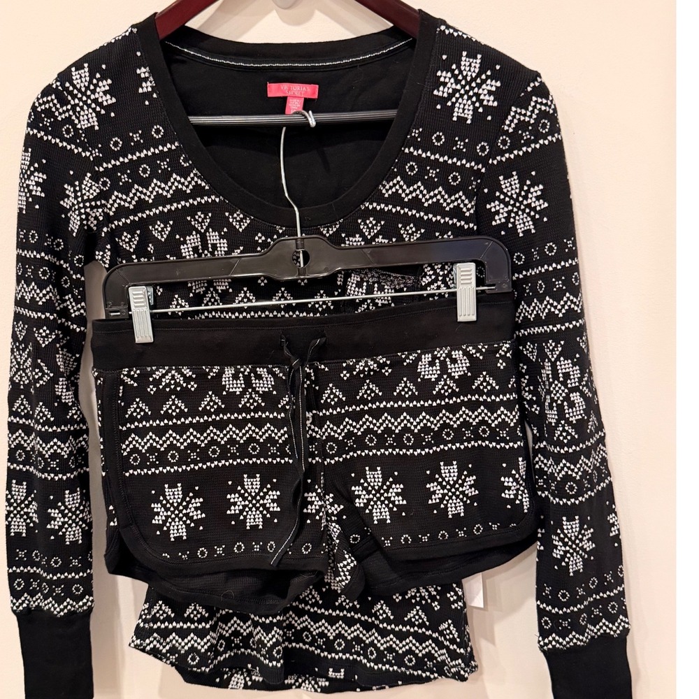 Victorias Secret Pajama Set Small Black White Fair Isle Snowflake Thermal Waffle